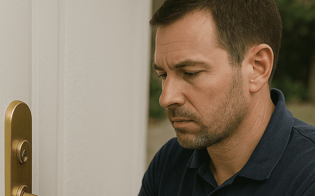 Trauriger Mann vor verschlossener Tür – Schlüsseldienst Vohwinkel hilft
